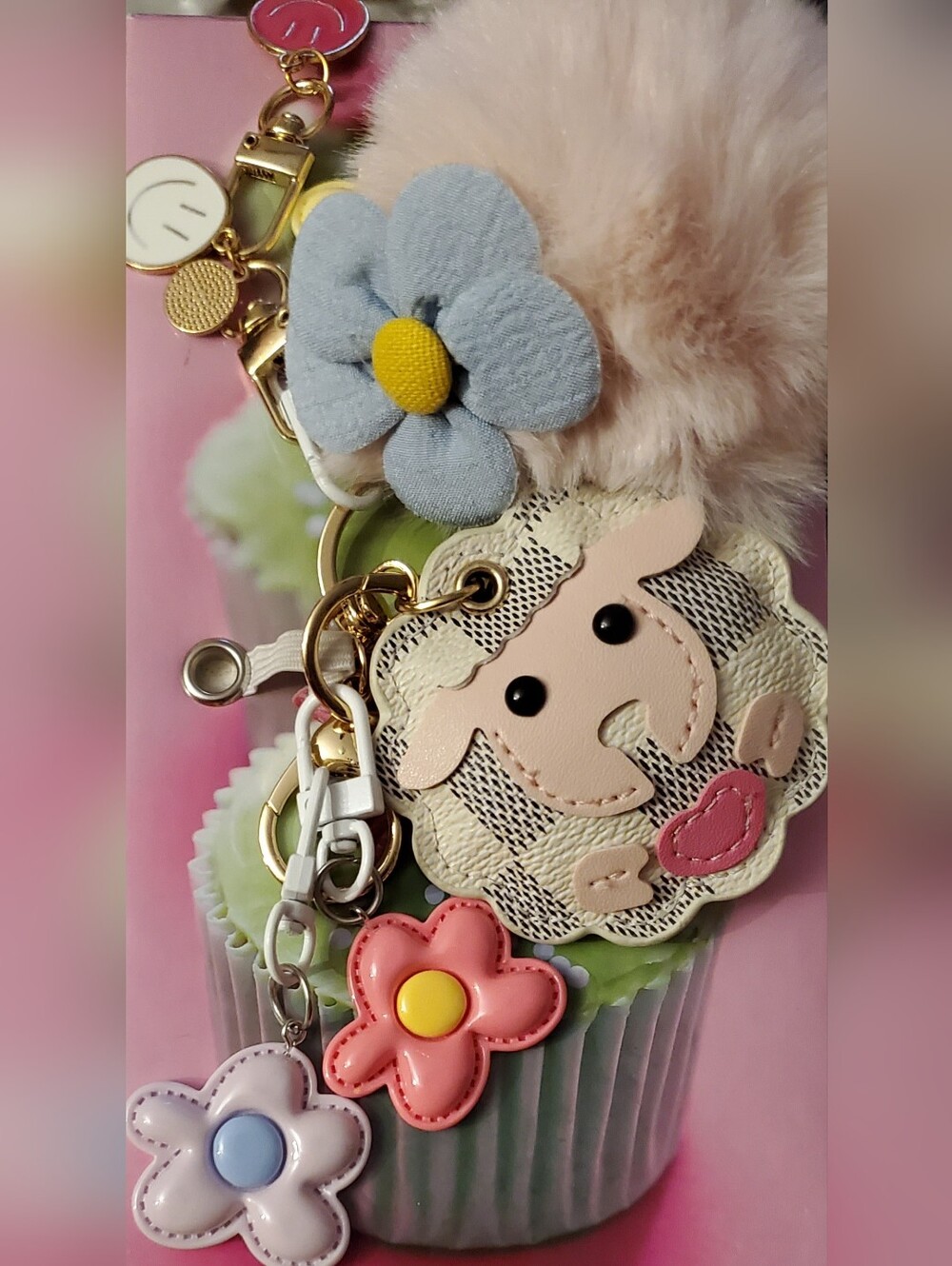 Cute Sheep Keychain Charm, Minnie Mouse Pom Pom with Puffy Pastel Flowers